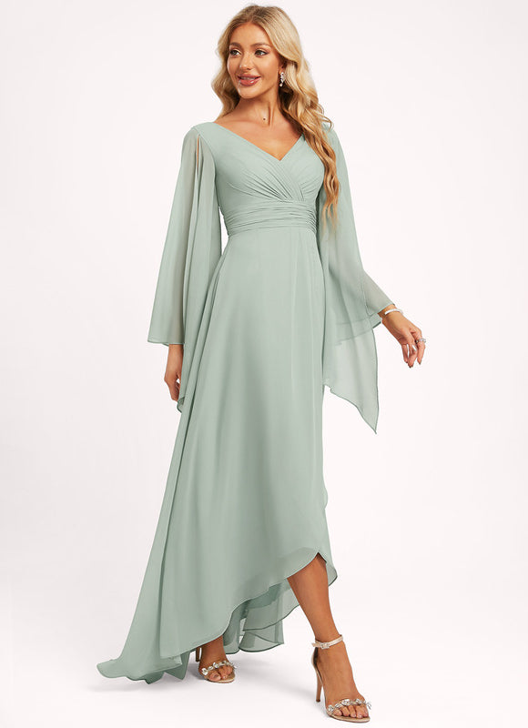 Robe Pastel Bleu Asymétrique Col V Volants - gallery 4