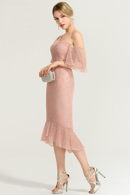 Robe Pastel Rose Décolleté Asymétrique Dentelle - gallery 1