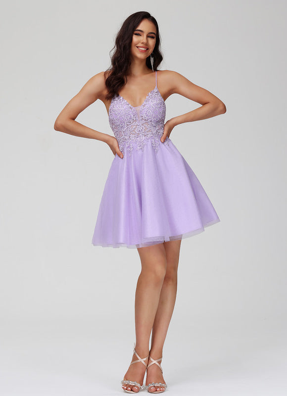 Robe Pastel Lavande Col V Dentelle Tulle - gallery 6