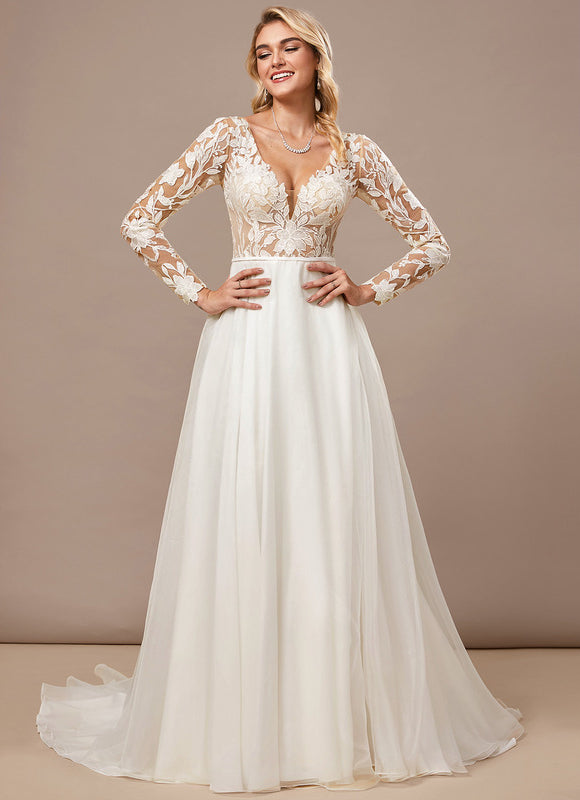 Robe Pastel Blanche Traîne Dentelle Élégante - gallery 3