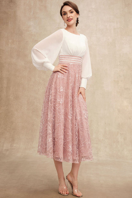 Robe Pastel Rose Longueur Mollet Dentelle - gallery 5