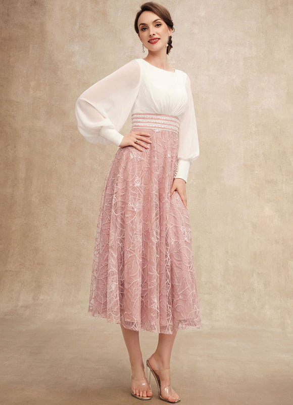 Robe Pastel Rose Longueur Mollet Dentelle - gallery 5