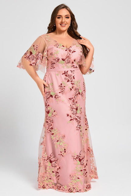 Robe Pastel Rose Col V Dentelle Élégante - gallery 6