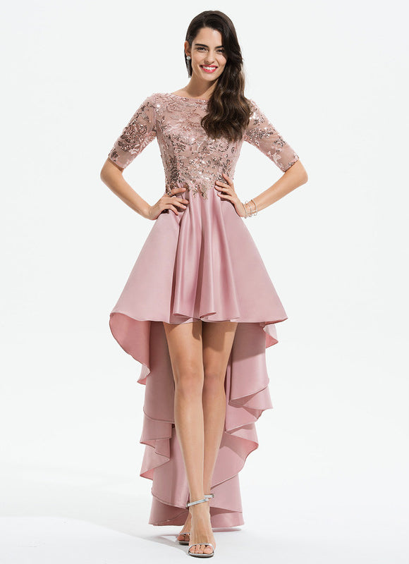Robe Pastel Rose Trapèze Satin Paillettes - gallery 1
