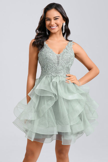 Robe Pastel Verte Col V Tulle Dentelle