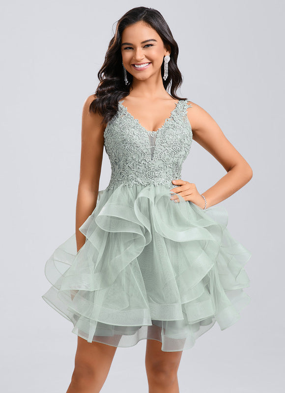 Robe Pastel Verte Col V Tulle Dentelle