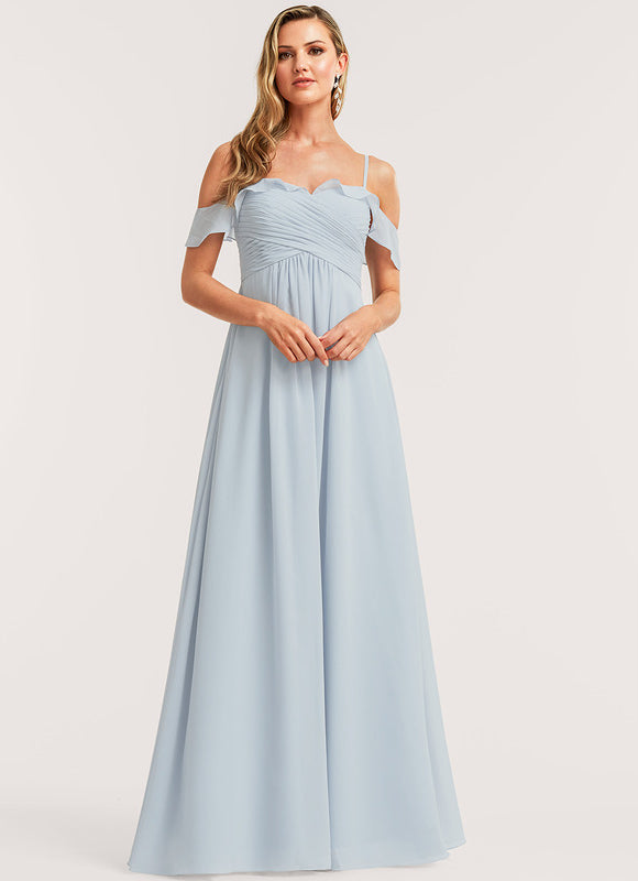 Robe Pastel Bleu Décolleté Épaules Volants - gallery 1