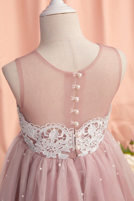 Robe Pastel Rose Trapèze Dentelle Mariage Fille - gallery 3