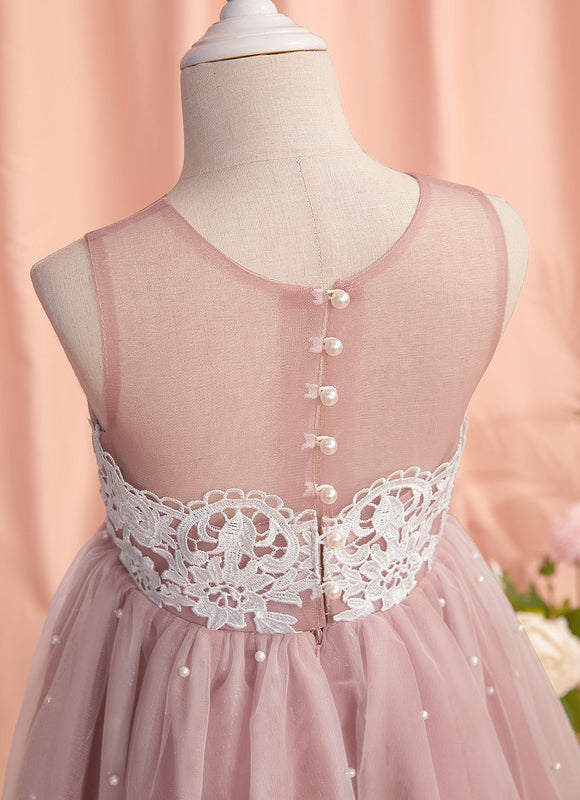 Robe Pastel Rose Trapèze Dentelle Mariage Fille - gallery 3