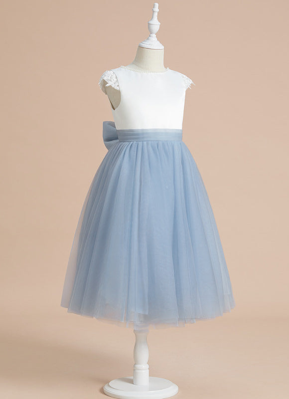 Robe Pastel Bleu Col Rond Satin Tulle - gallery 3