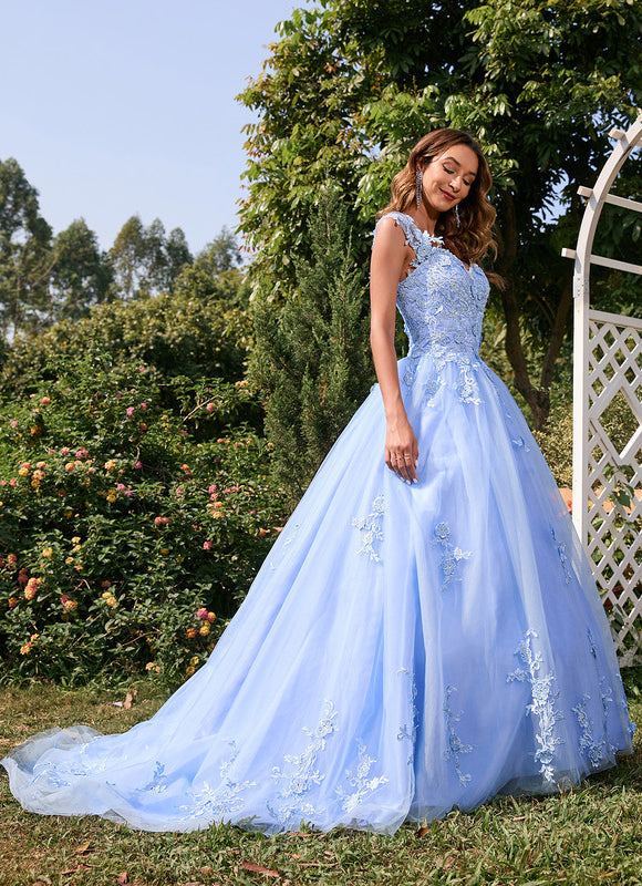 Robe Pastel Bleu Col Cœur Traîne Tulle - gallery 6
