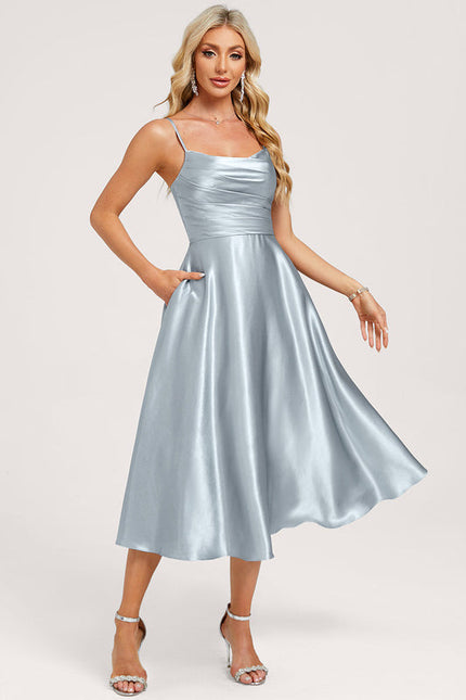 Robe Pastel Satin Bleu Ciel Trapèze