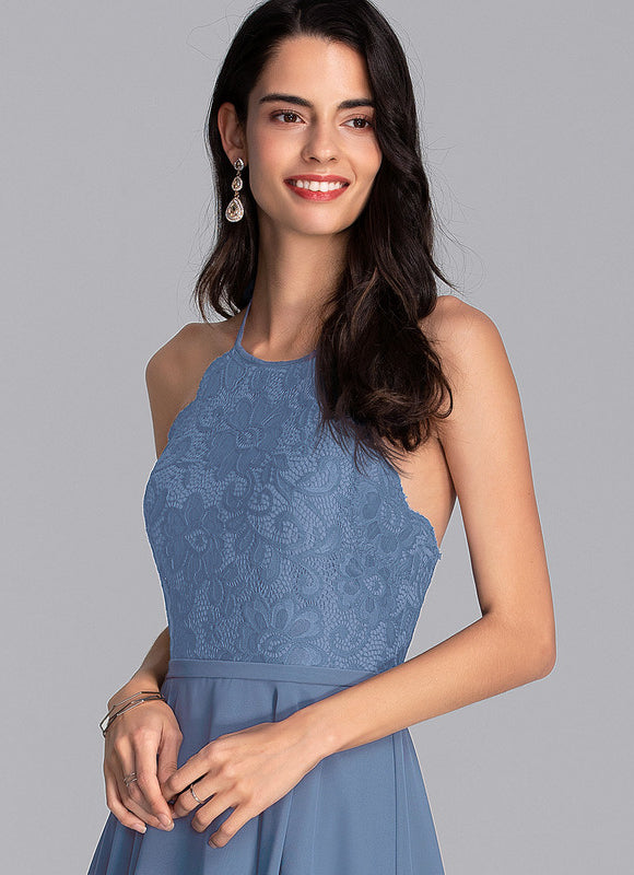 Robe Pastel Bleu Trapèze Asymétrique Dentelle - gallery 4