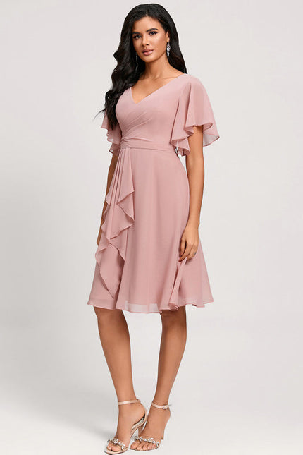 Robe Pastel Rose Col V Longueur Genou - gallery 5
