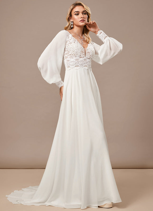 Robe Pastel Blanche Col V Traîne Dentelle - gallery 1