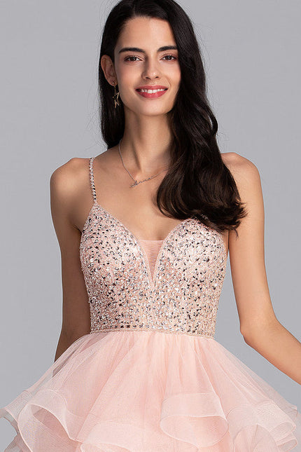 Robe Pastel Rose Col V Tulle Bal - gallery 2