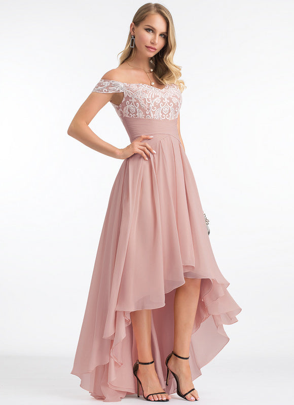 Robe Pastel Rose Asymétrique Dentelle Élégante - gallery 6