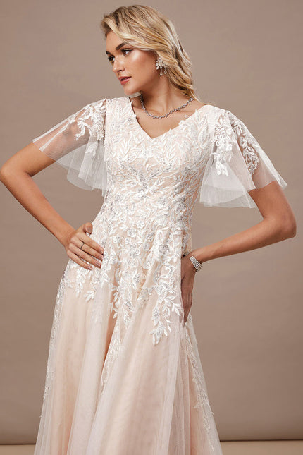 Robe Pastel Rose Traîne Tulle Dentelle - gallery 4