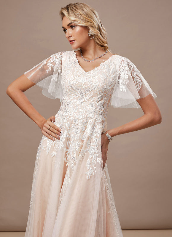 Robe Pastel Rose Traîne Tulle Dentelle - gallery 4