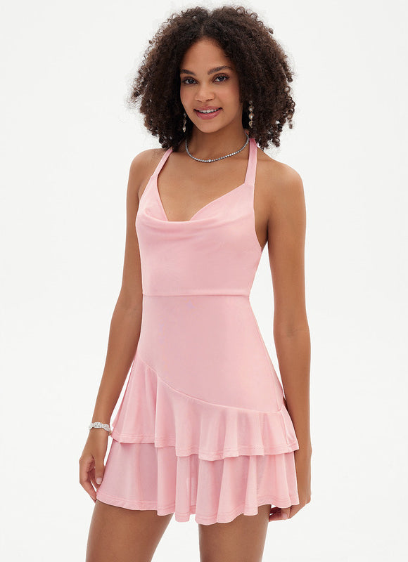 Robe Pastel Rose Trapèze À Volants - gallery 5