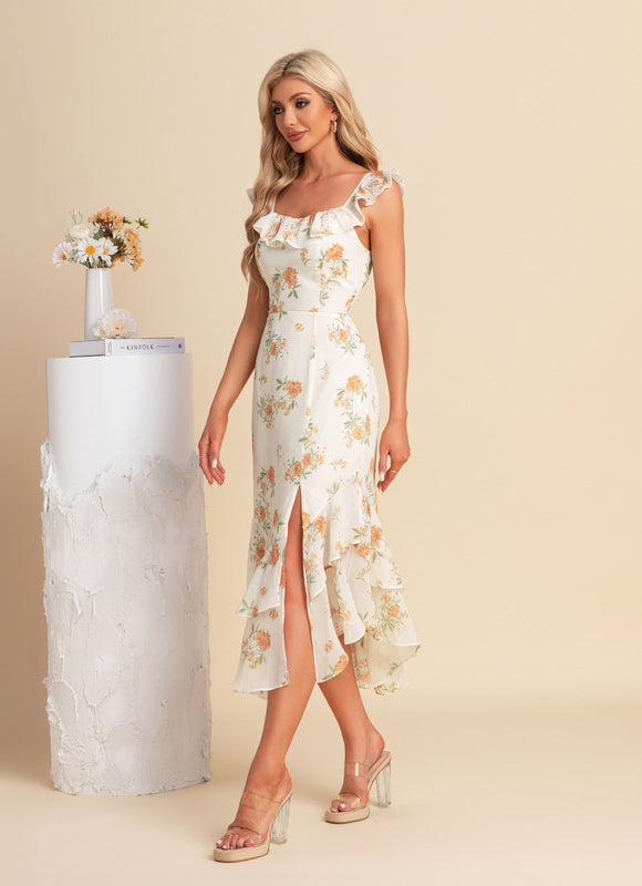 Robe Pastel Floral Crème Col Cœur Midi - gallery 5