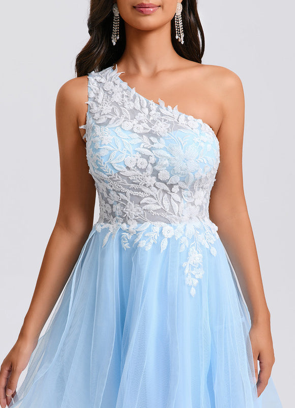 Robe Pastel Bleu Décolleté Asymétrique Tulle - gallery 6