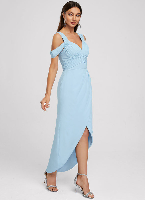 Robe Pastel Bleu Décolleté Asymétrique Volants - gallery 2