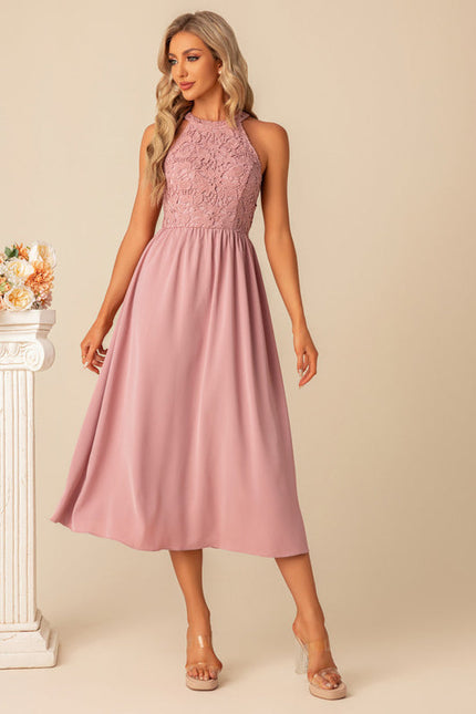 Robe Pastel Rose Dentelle Trapèze Midi - gallery 5