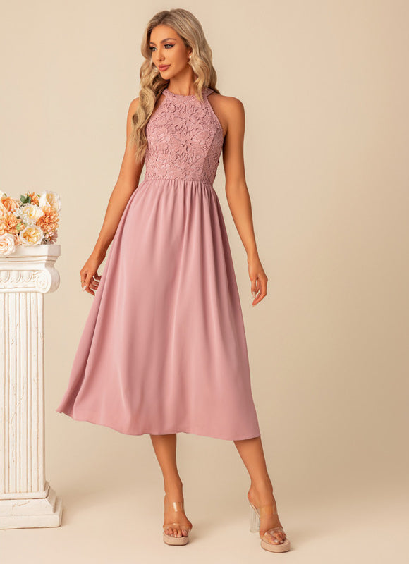 Robe Pastel Rose Dentelle Trapèze Midi - gallery 5