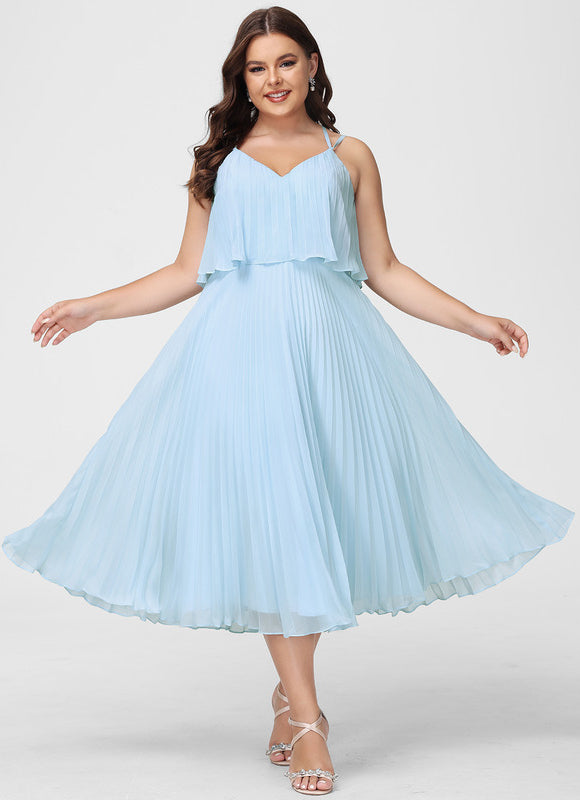 Robe Pastel Bleu Col V Plissée Mollet - gallery 4