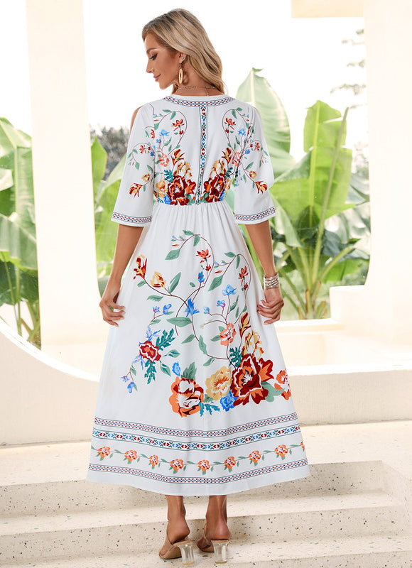 Robe Pastel Blanche Imprimée Fleurs Midi - gallery 1