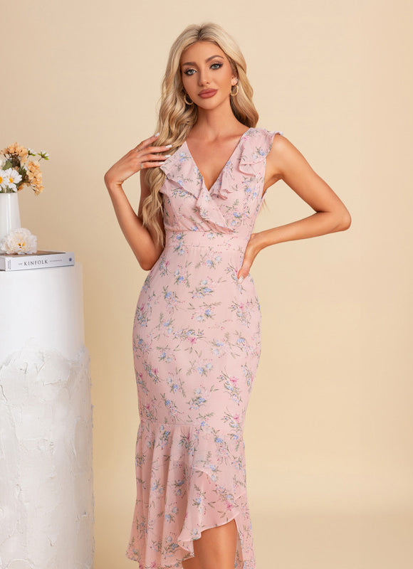 Robe Pastel Rose À Volants Fleurie - gallery 3