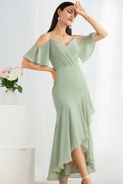 Robe Pastel Bleu Sirène Col V Volants - gallery 4