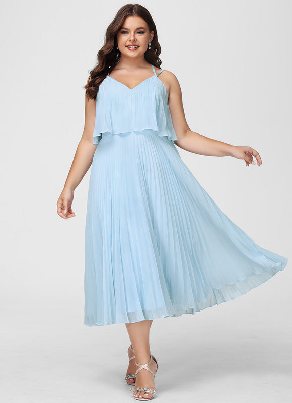 Robe Pastel Bleu Col V Plissée Mollet - gallery 5