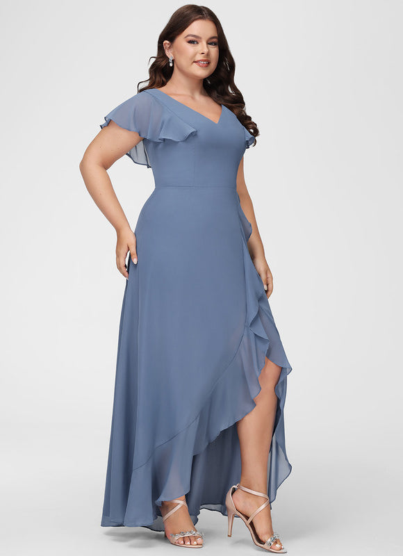 Robe Pastel Bleu Asymétrique Col V Volants - gallery 8