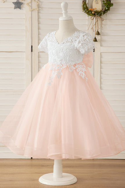 Robe Pastel Rose Col V En Tulle - gallery 5
