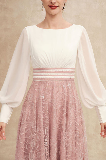 Robe Pastel Rose Longueur Mollet Dentelle - gallery 7