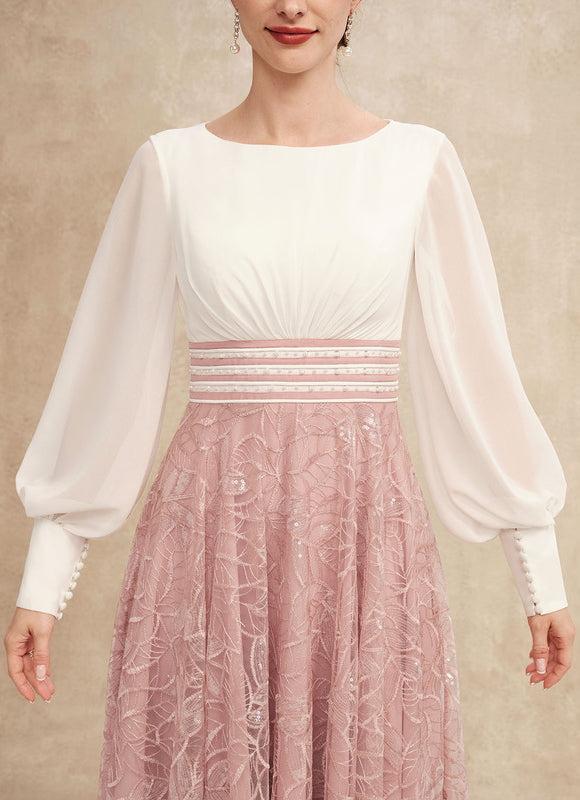 Robe Pastel Rose Longueur Mollet Dentelle - gallery 7