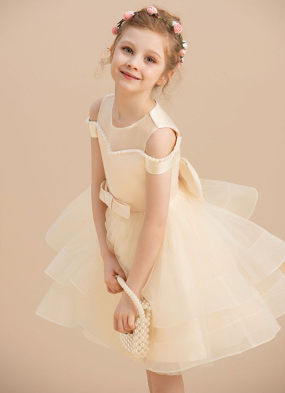 Robe Pastel Crème En Satin Tulle Pour Fille - gallery 3