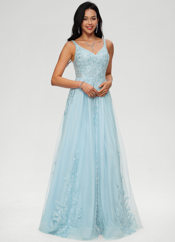 Robe Pastel Bleu Col V Tulle Paillettes - gallery 2