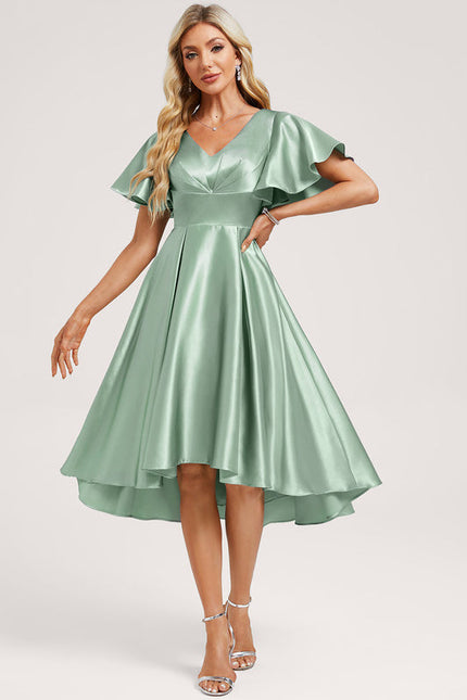 Robe Pastel Vert Satin Volants Asymétrique