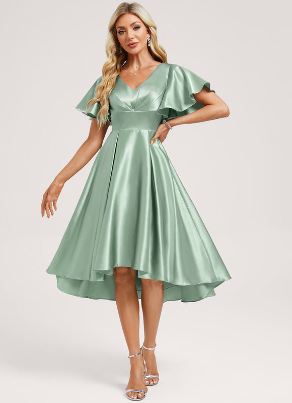 Robe Pastel Vert Satin Volants Asymétrique
