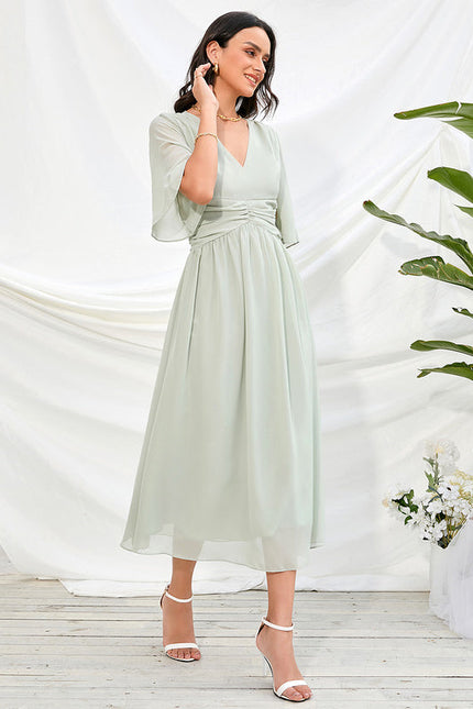 Robe Pastel Rose Col V Trapèze Midi - gallery 2