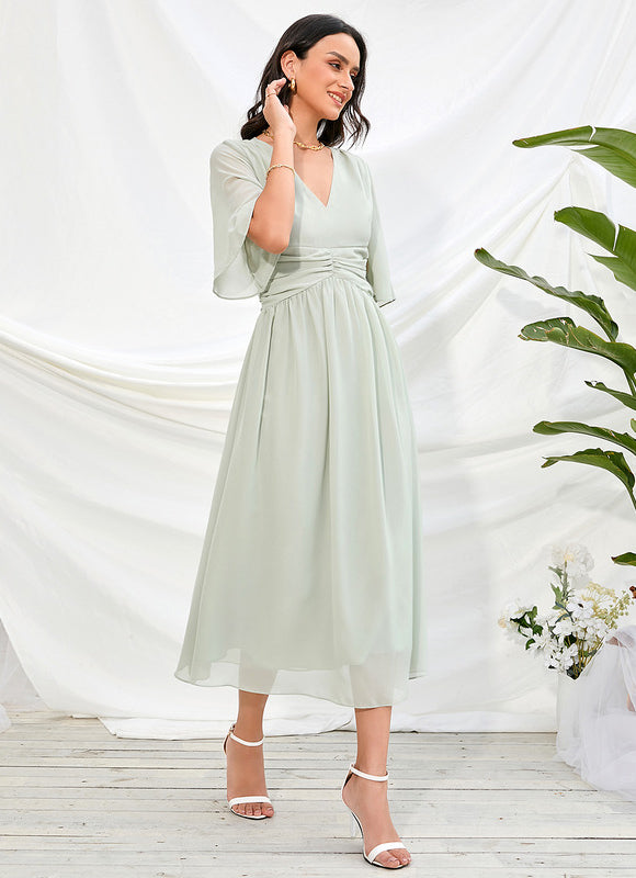 Robe Pastel Rose Col V Trapèze Midi - gallery 2