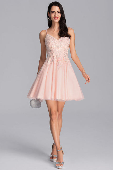 Robe Pastel Rose Trapèze Col V Tulle - gallery 3