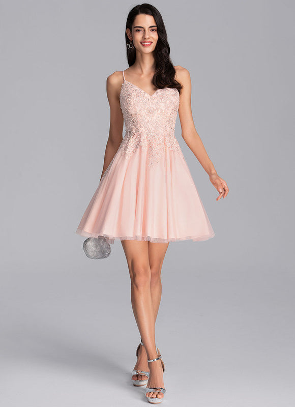 Robe Pastel Rose Trapèze Col V Tulle - gallery 3