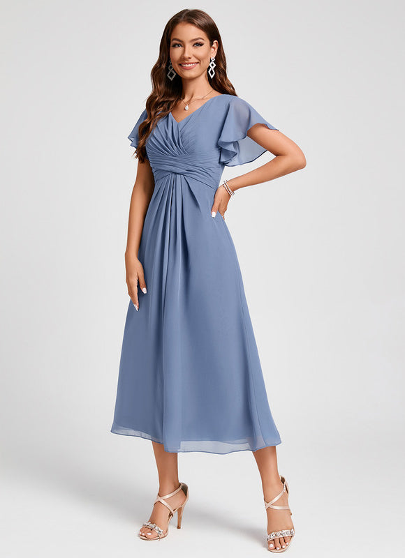 Robe Pastel Bleu Col V Longueur Mollet - gallery 4