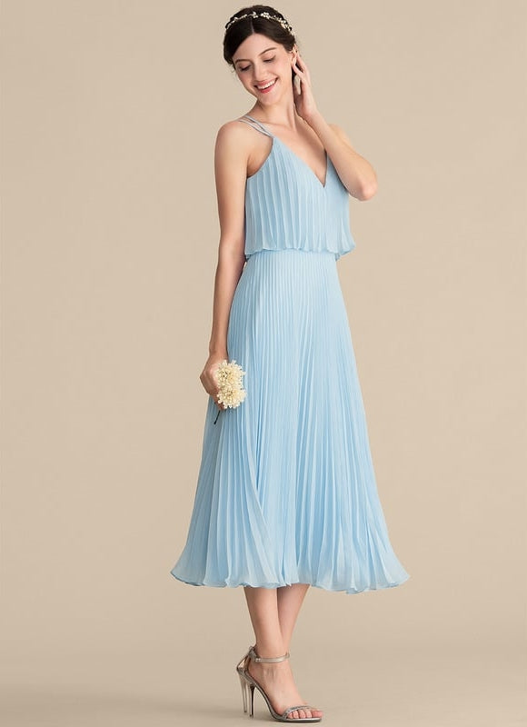 Robe Pastel Bleu Col V Trapèze Plissée - gallery 5