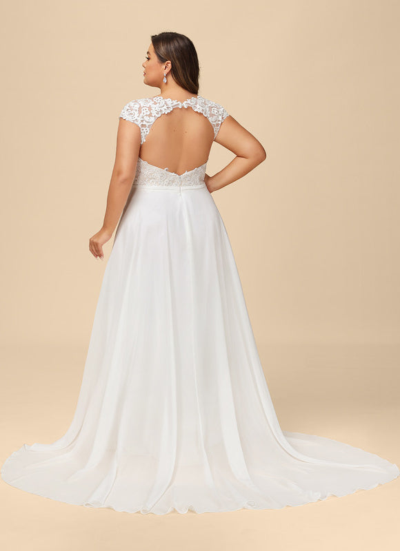 Robe Pastel Blanche Col V Traîne Dentelle - gallery 8
