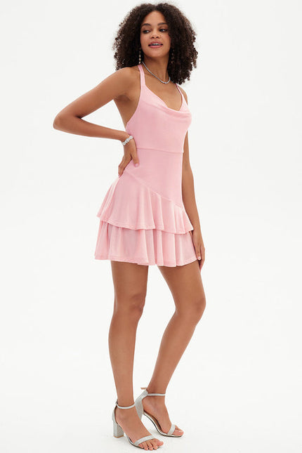 Robe Pastel Rose Trapèze À Volants - gallery 2
